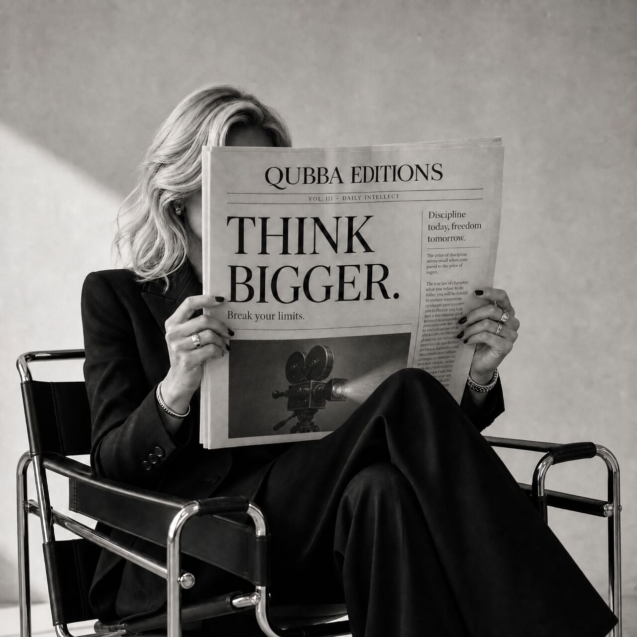 A woman standing with a newspaper